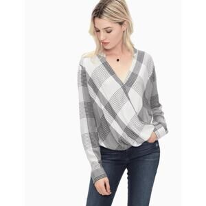 Splendid Gray White Plaid Surplice Faux Wrap Long Sleeve Blouse Size Medium